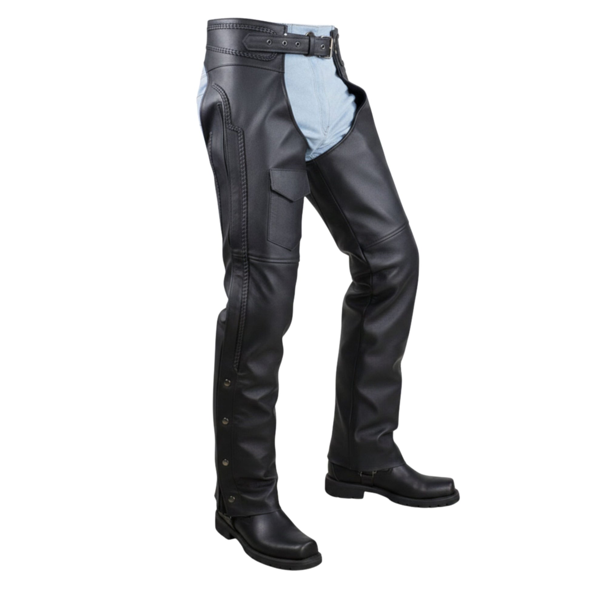 Angled view mens leather chaps rugged rodeo wear