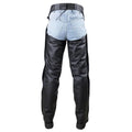 Back view leather chaps open seat design with belt