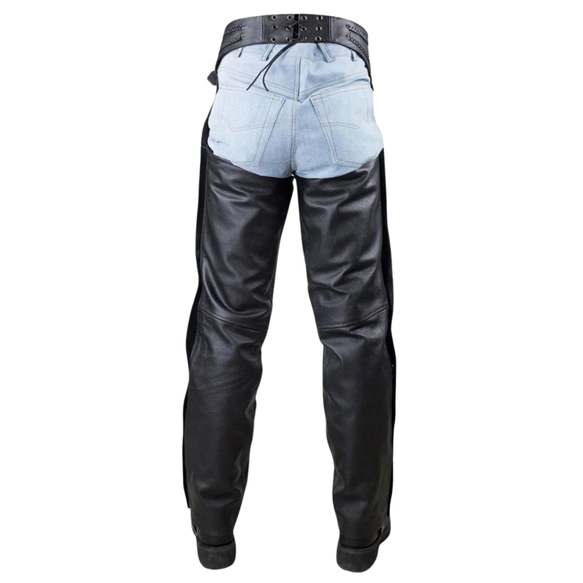 Back view leather chaps open seat design with belt