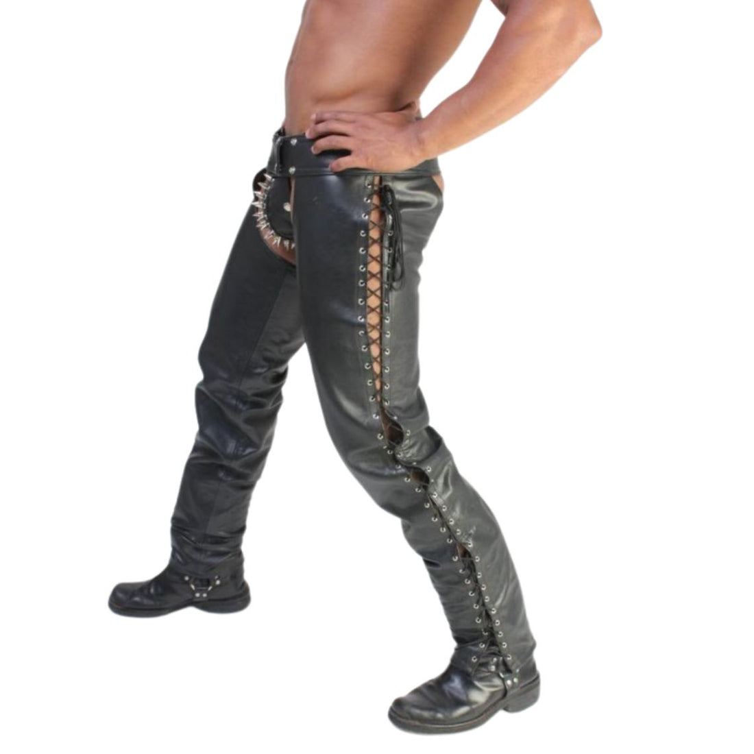 Mens black leather lace-up chaps front full view