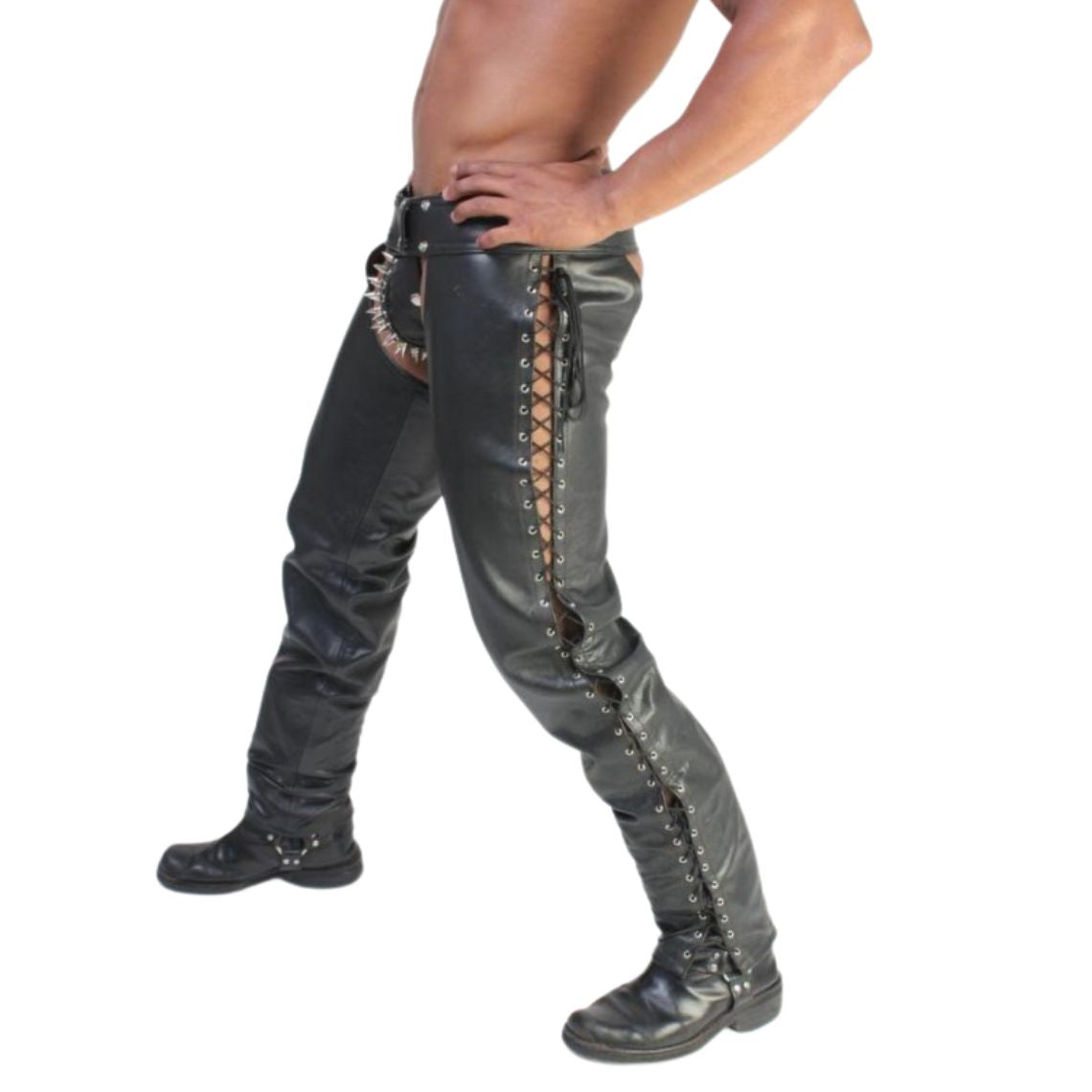 Side view leather chaps with lace-up detailing