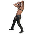 Angled pose mens leather chaps tough riding style