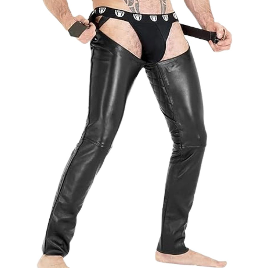 Mens black leather chaps front minimalist design