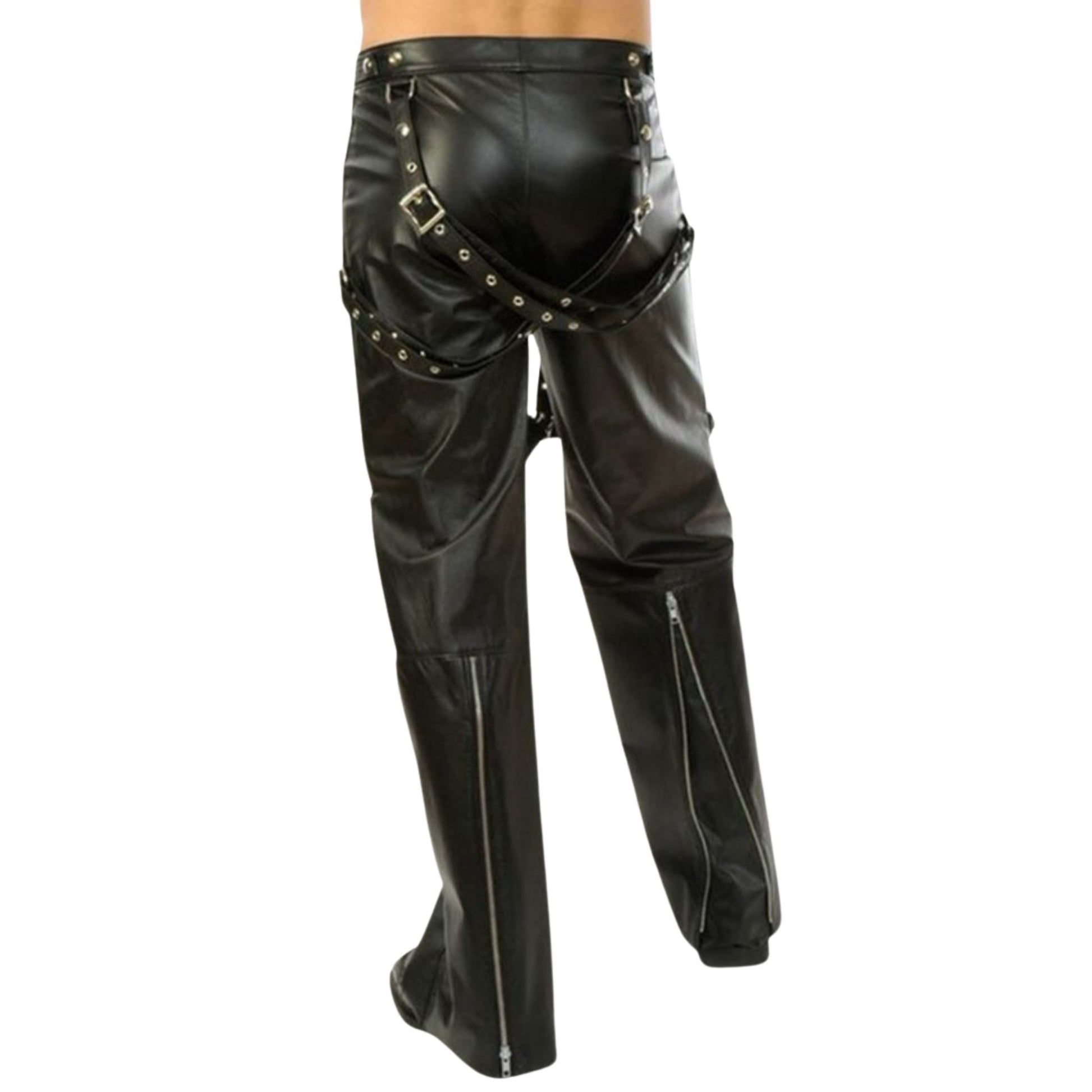 Mens black leather chaps harness strap back view