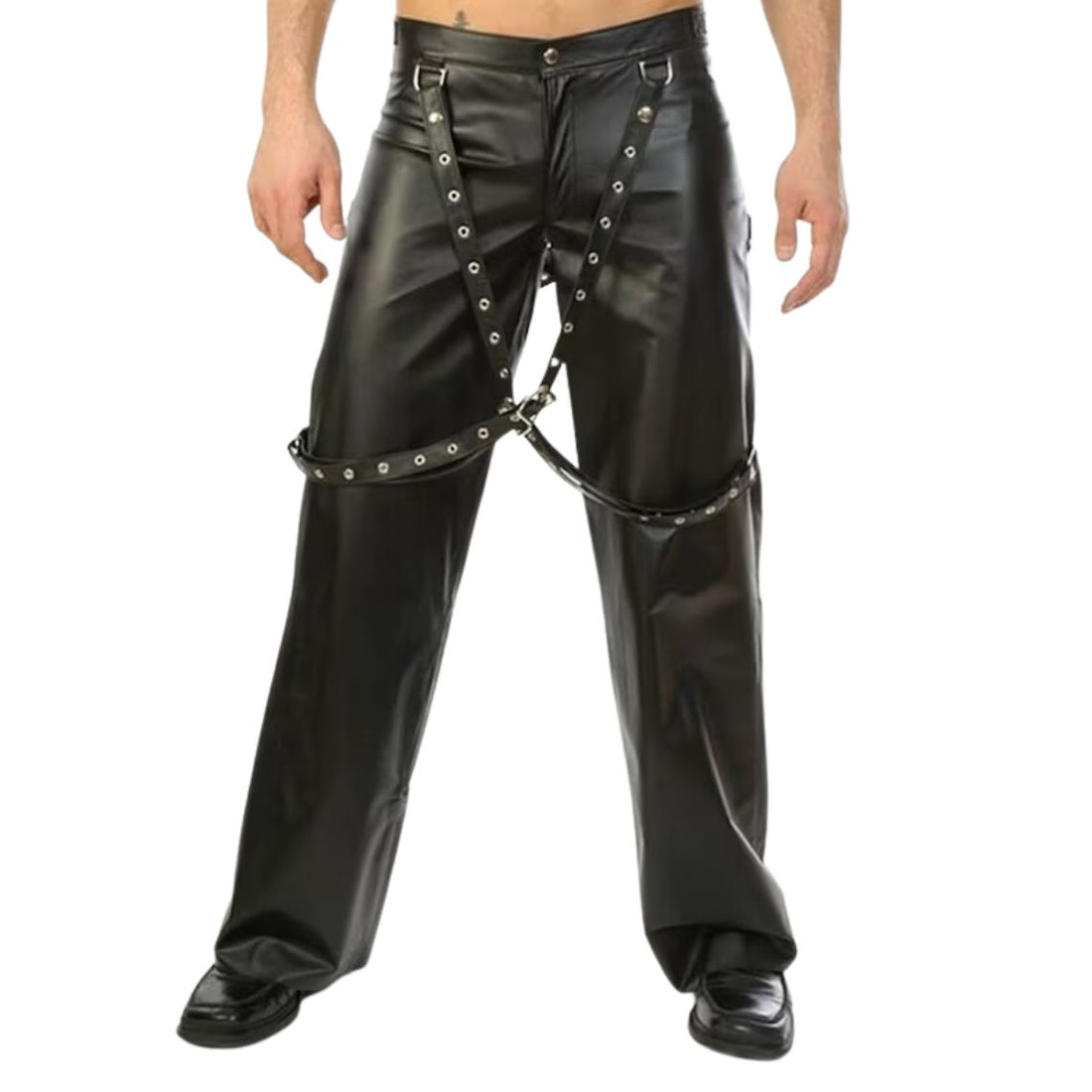 Front view leather chaps with buckle strap detailing