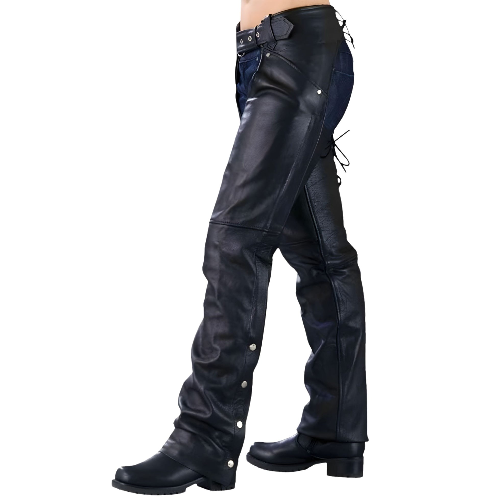 side view mens cowboy leather chaps riding fit