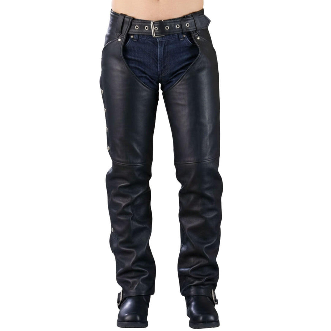front view black leather chaps over jeans