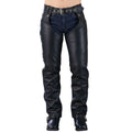 front view black leather chaps over jeans