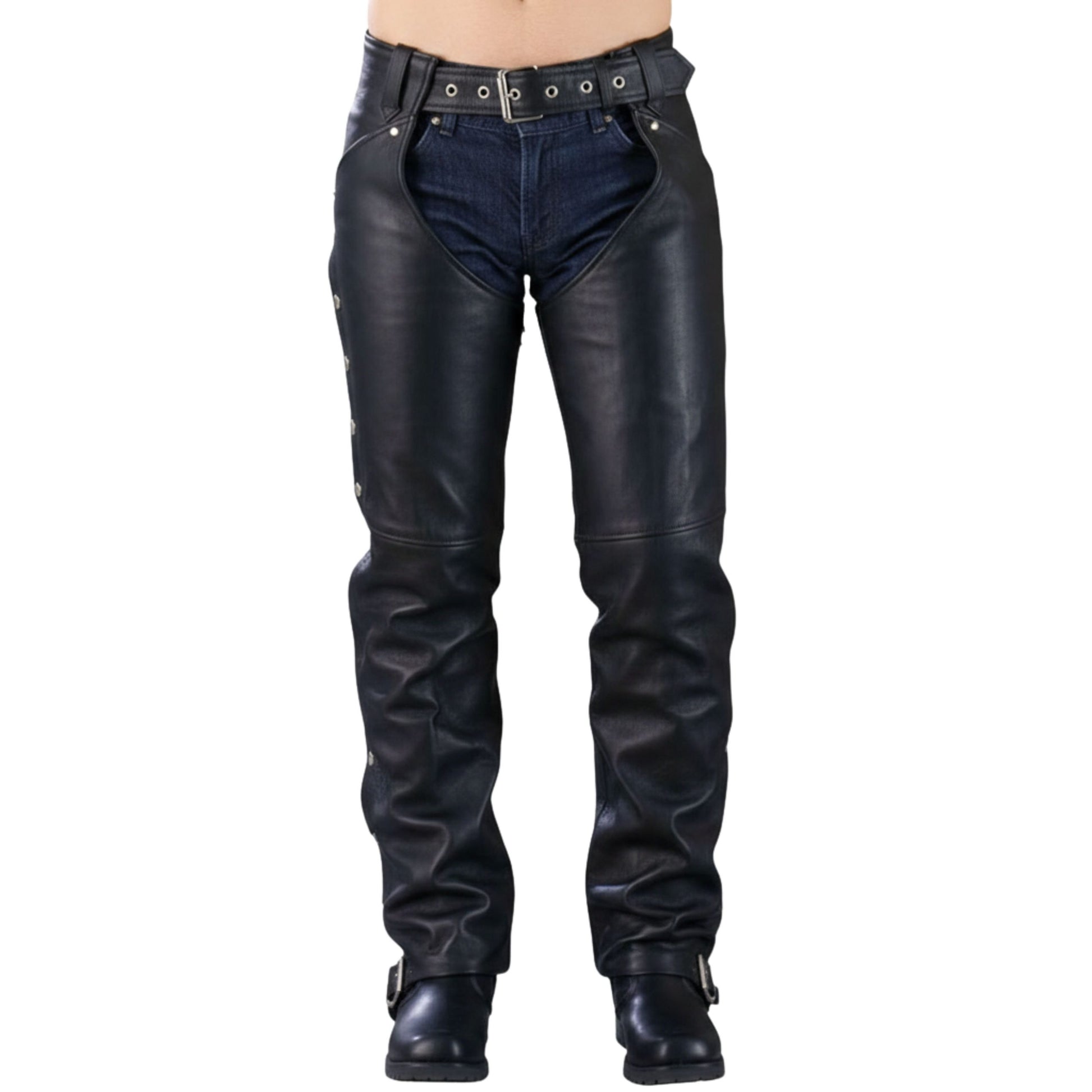 front view black leather chaps over jeans