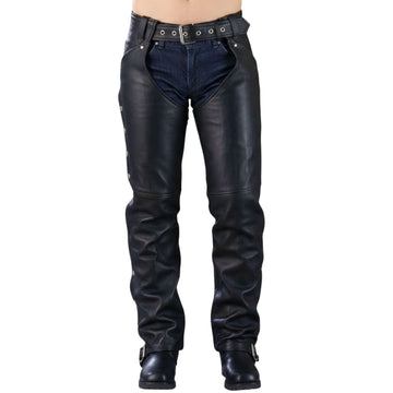 front view black leather chaps over jeans