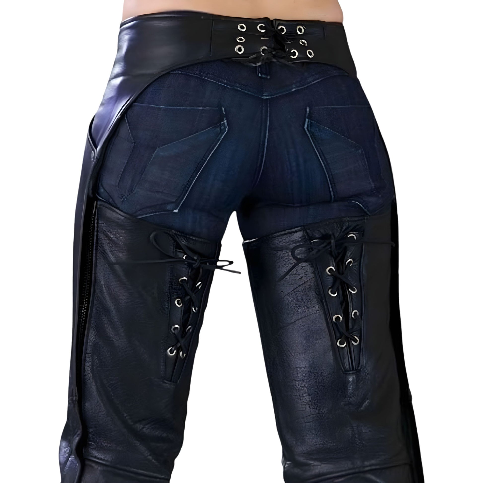 western leather chaps thigh lace detailing close-up