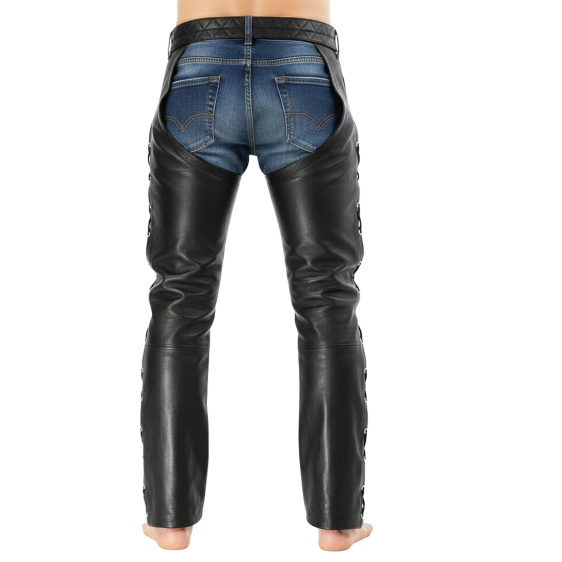 front view leather chaps over jeans cowboy style