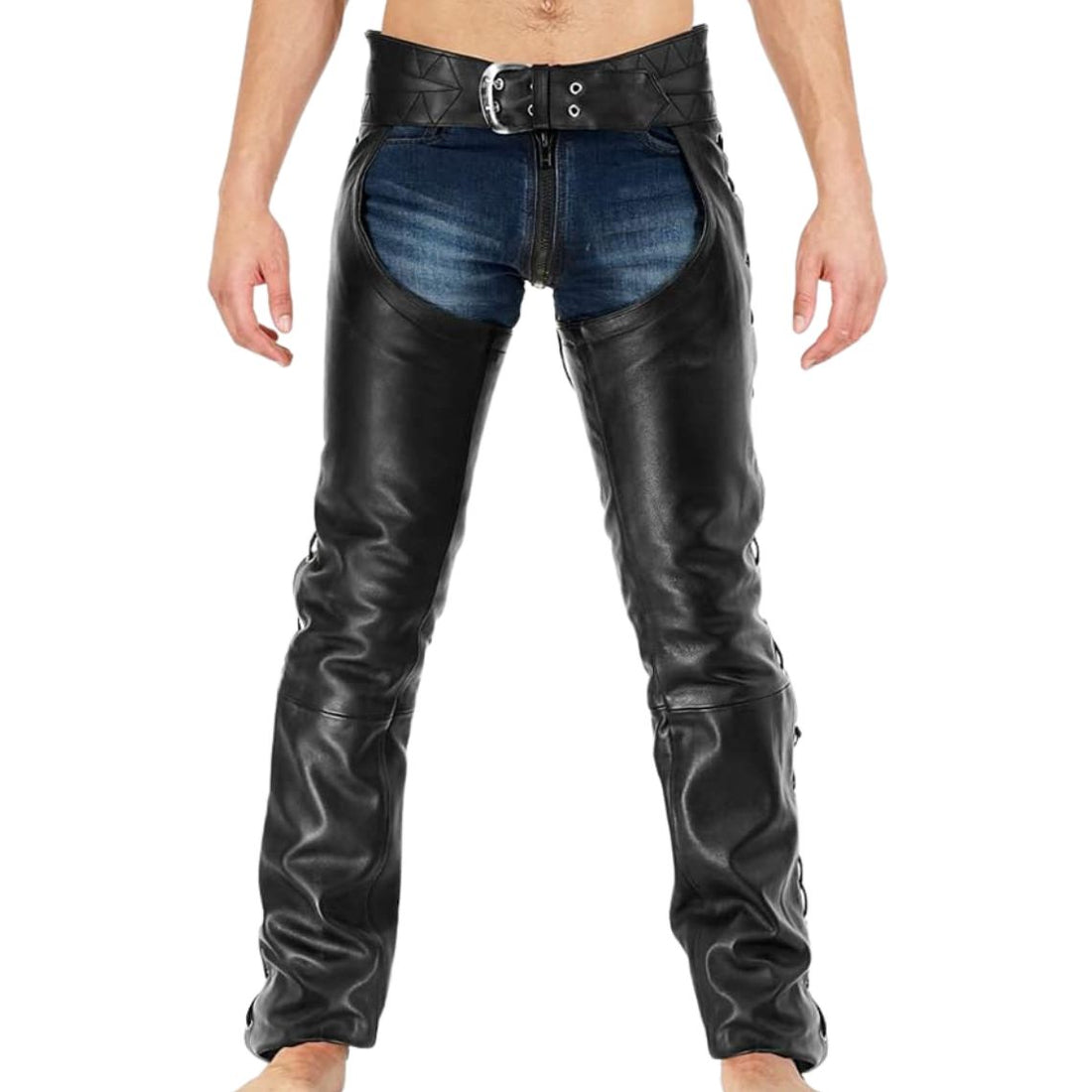 front view leather chaps over jeans cowboy style