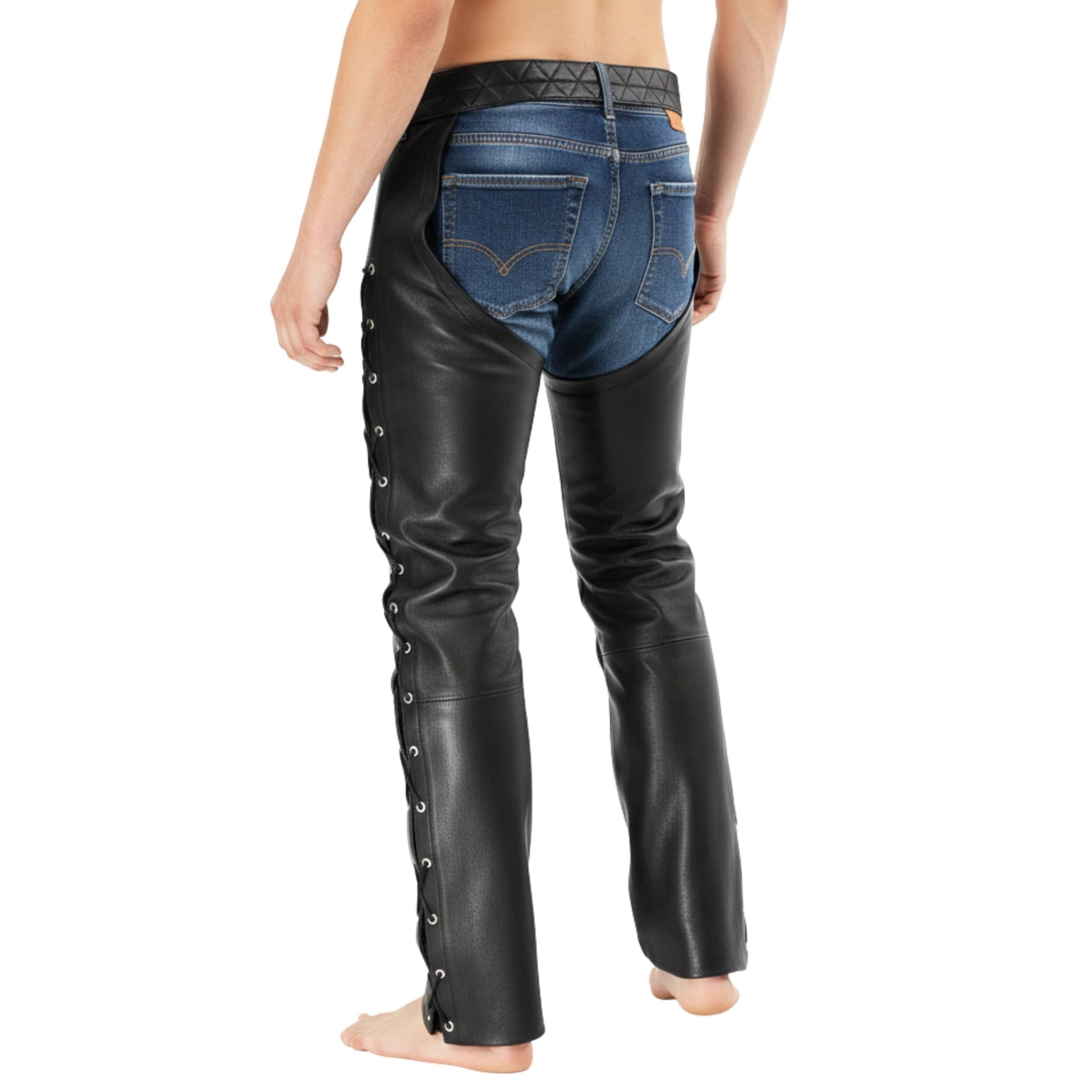 angled back view mens leather chaps design