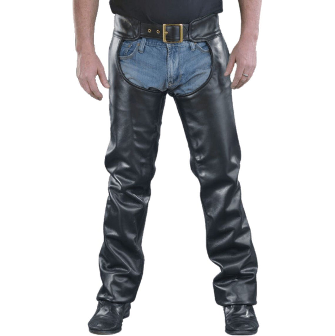 mens black leather chaps front trail rider view