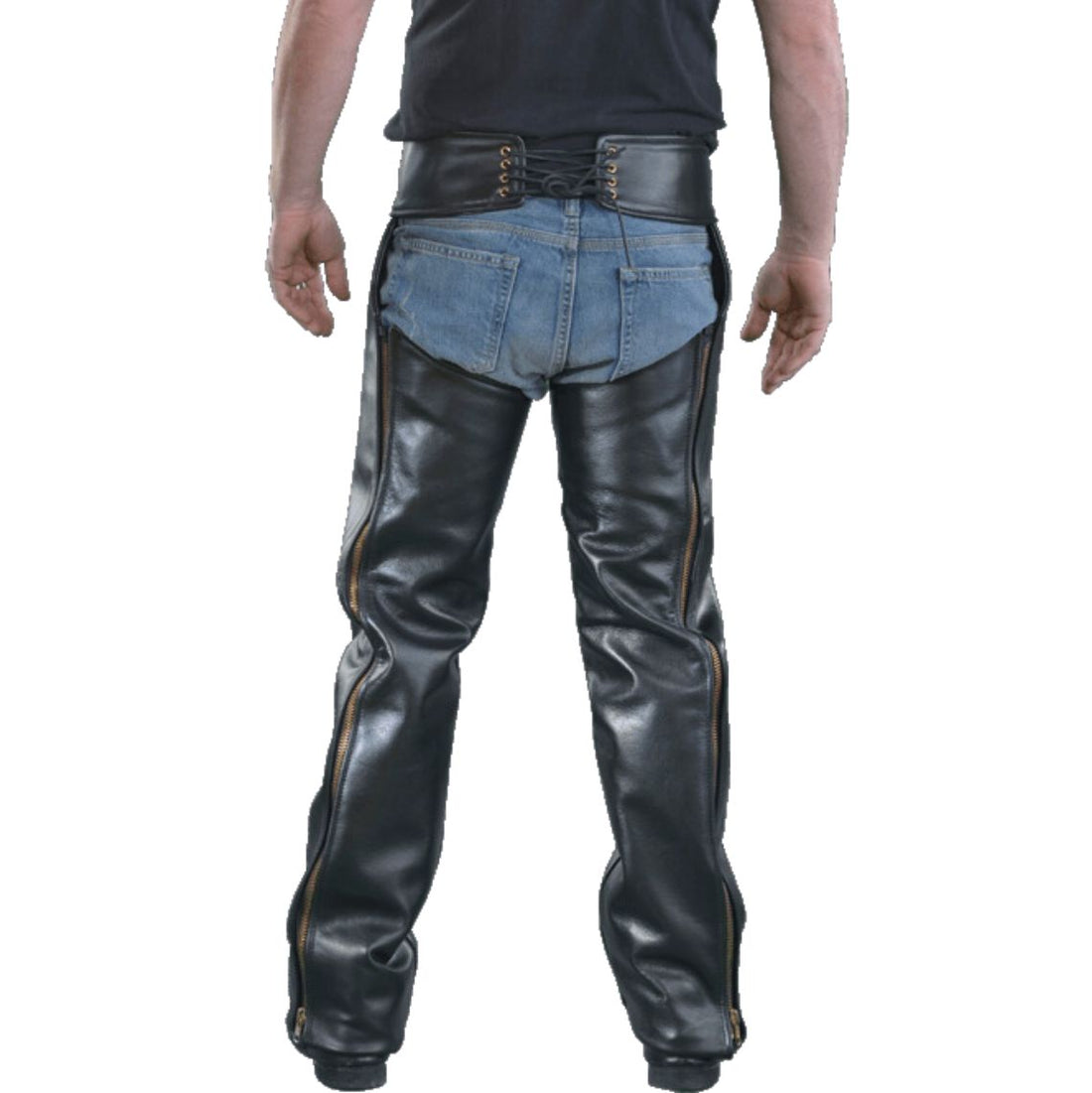 mens black leather chaps front trail rider view