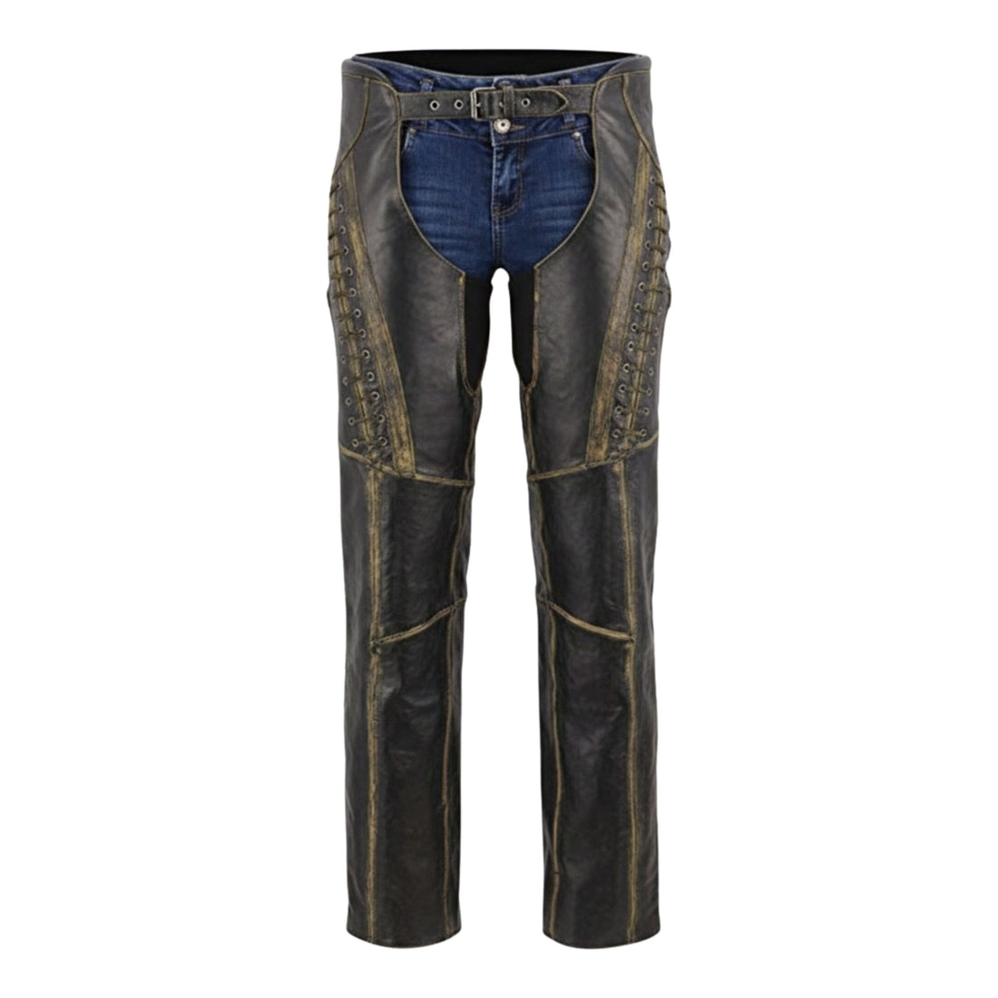 mens distressed leather chaps front western workwear