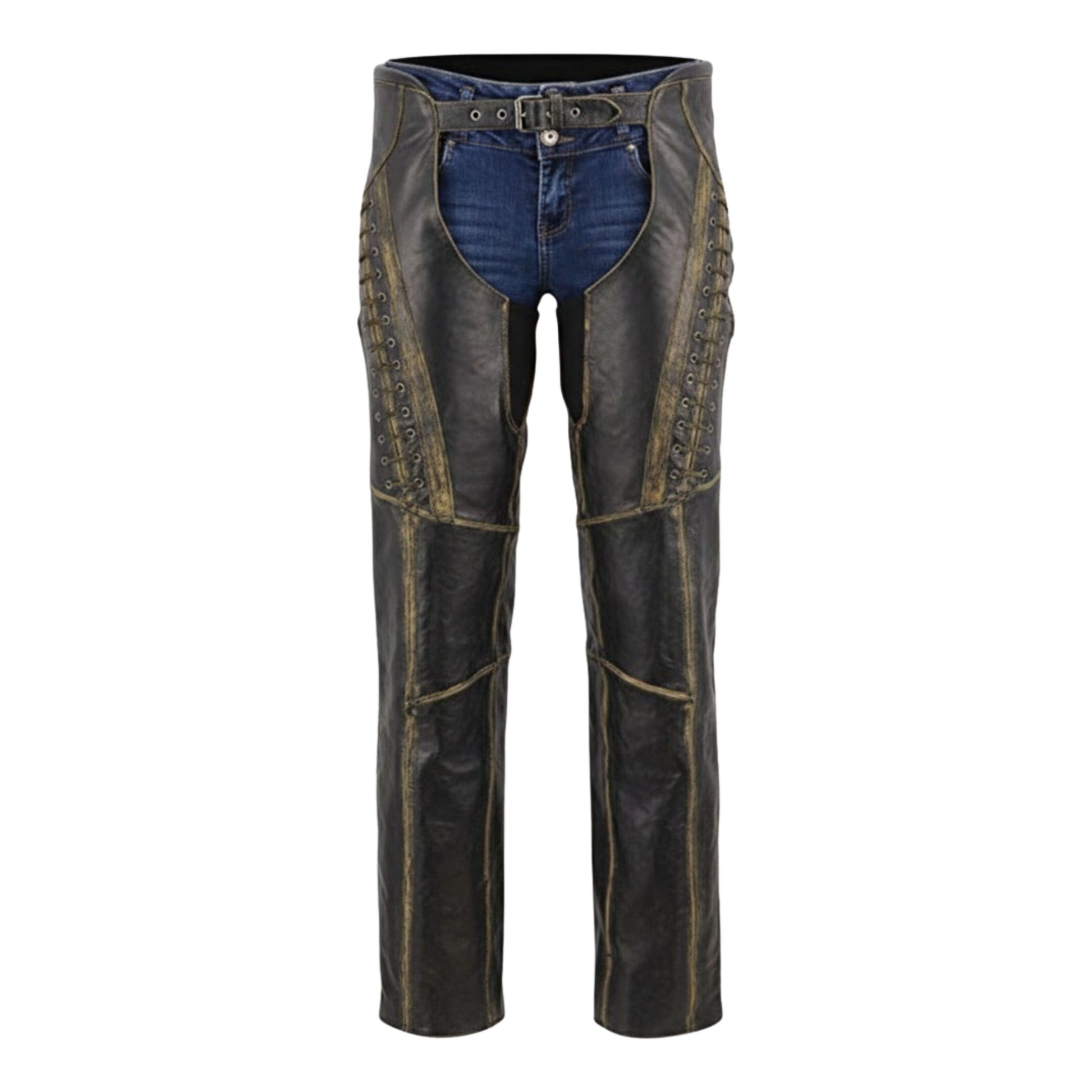 mens distressed leather chaps front western workwear