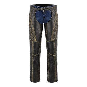 mens distressed leather chaps front western workwear