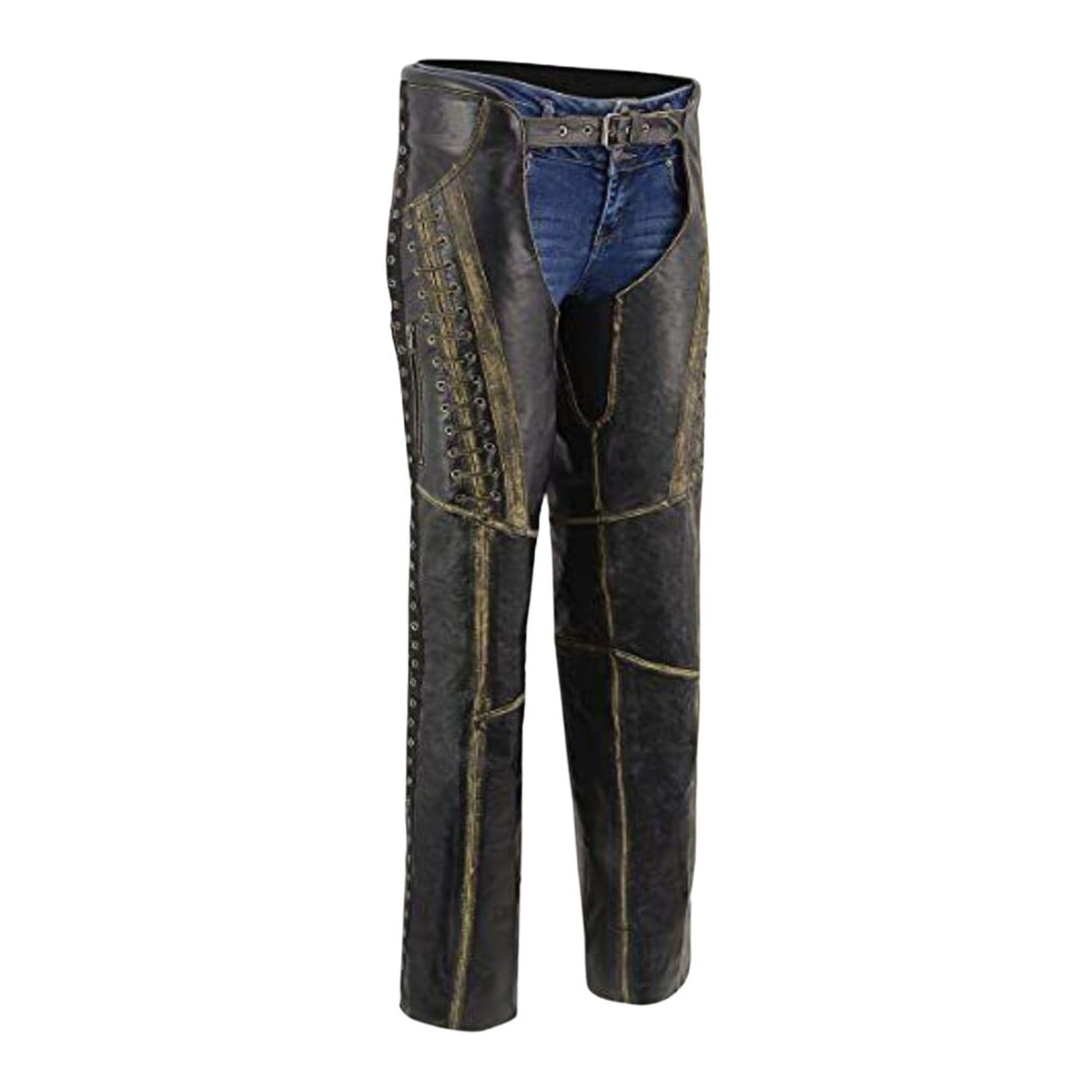 mens distressed leather chaps front western workwear