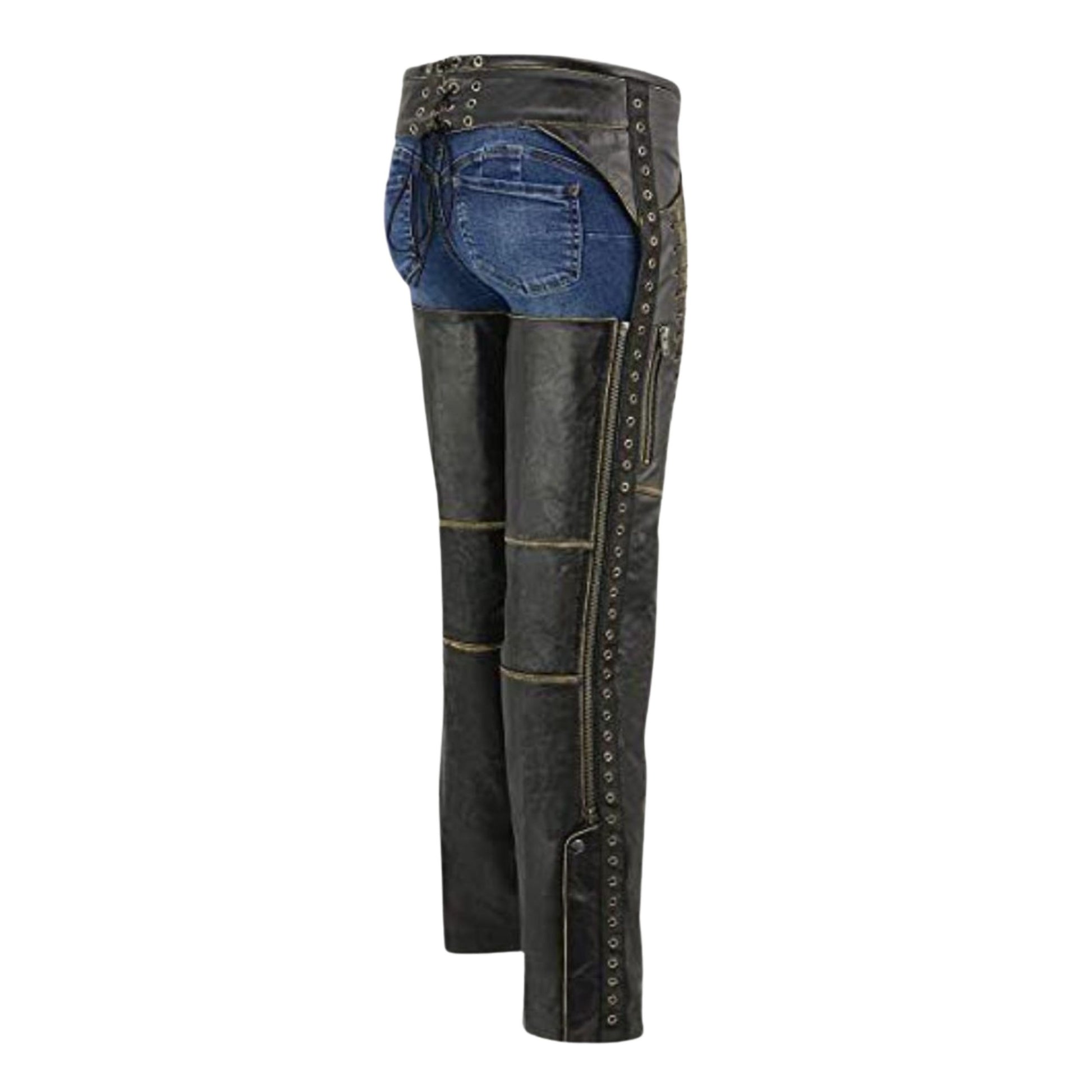 angled view rugged leather chaps vintage finish