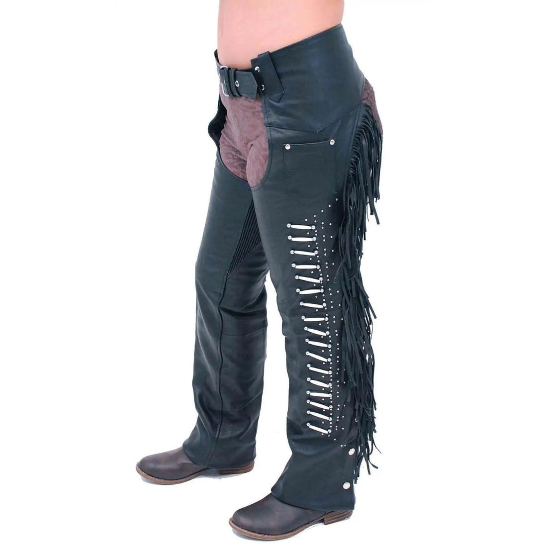 mens black leather fringe chaps side view stud detail