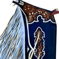 Mens navy blue leather fringe chaps with floral western tooling