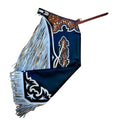 Side view of navy blue western rodeo chaps with long fringe