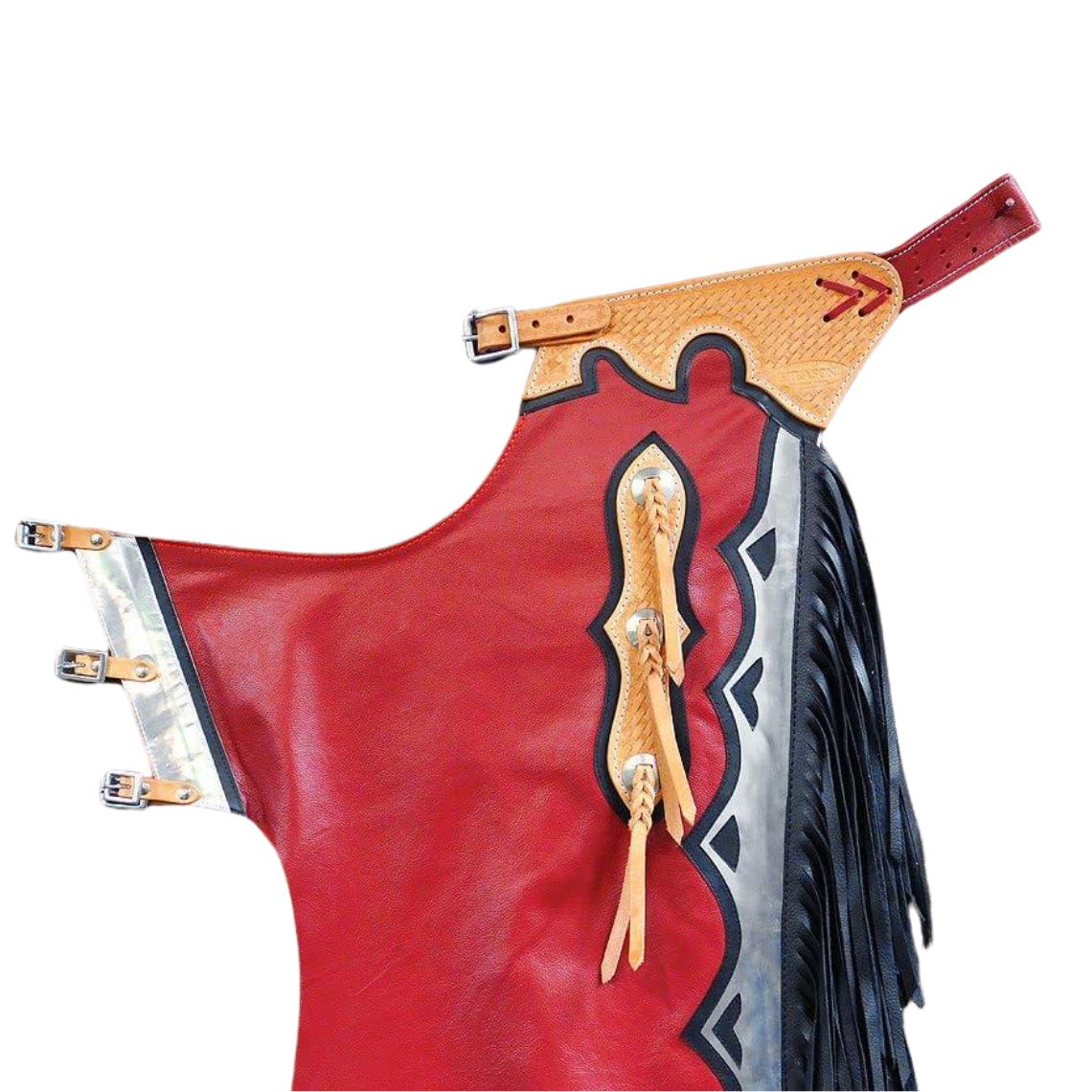 Mens red leather rodeo chaps with black fringe