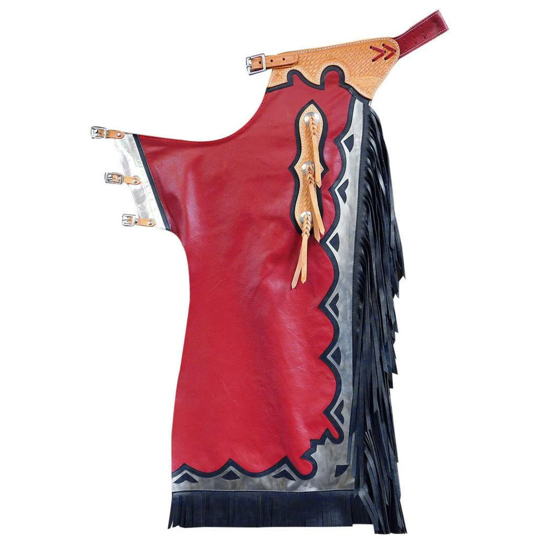 Full view red western chaps with silver trim and fringe