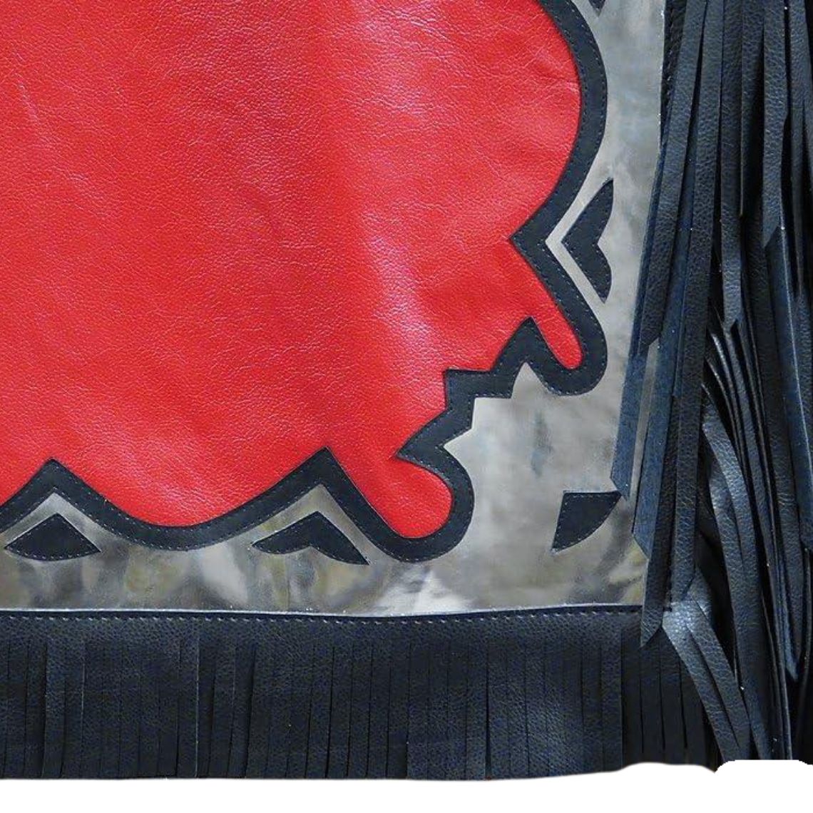 Close-up of black fringe and silver border on red chaps