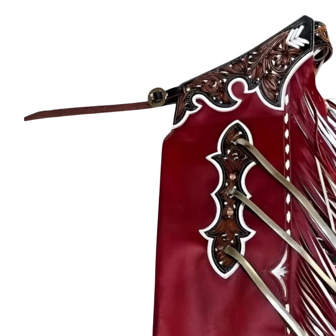 Mens red leather rodeo chaps with hand tooled western design