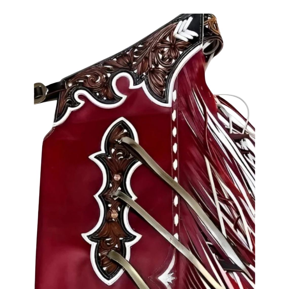 Side view of red western fringe chaps with detailed leather carving