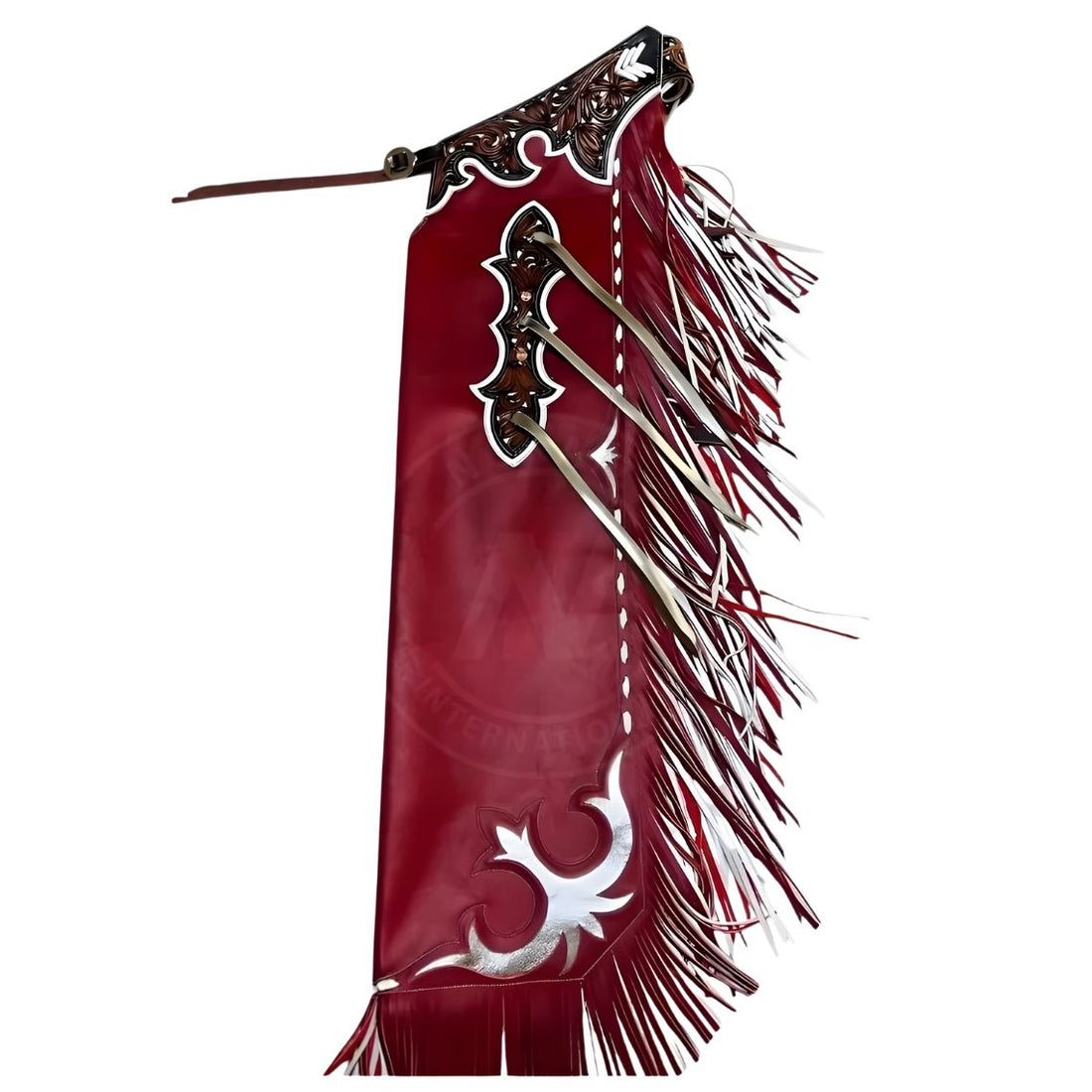 Full length red leather bull riding chaps with long fringe