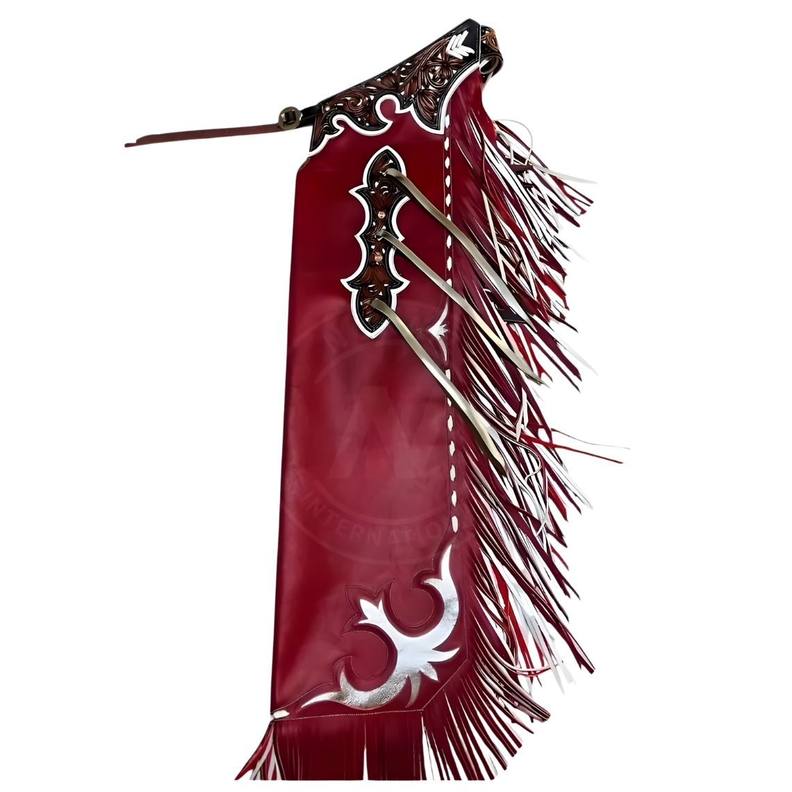 Full length red leather bull riding chaps with long fringe