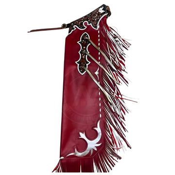 Full length red leather bull riding chaps with long fringe