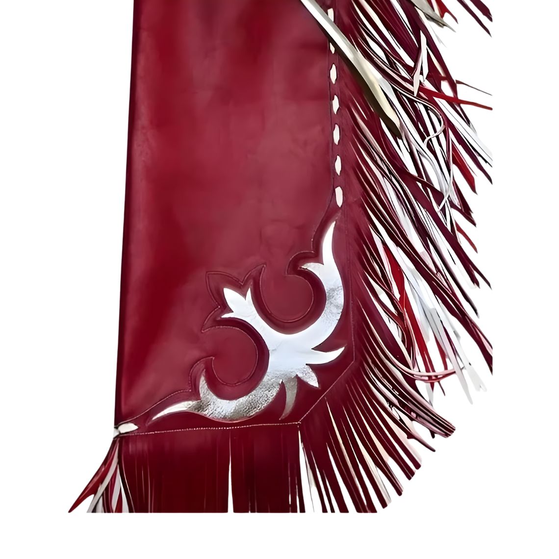Close up of fringe and tooled panel on red rodeo chaps