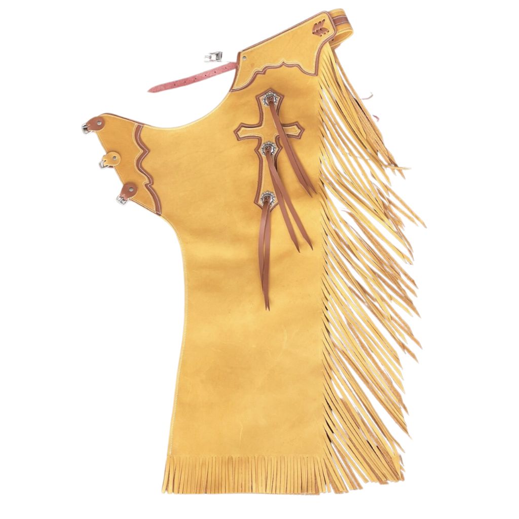 Mens tan leather rodeo chaps with long fringe