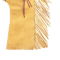 Side view of tan western chaps with flowing fringe detail