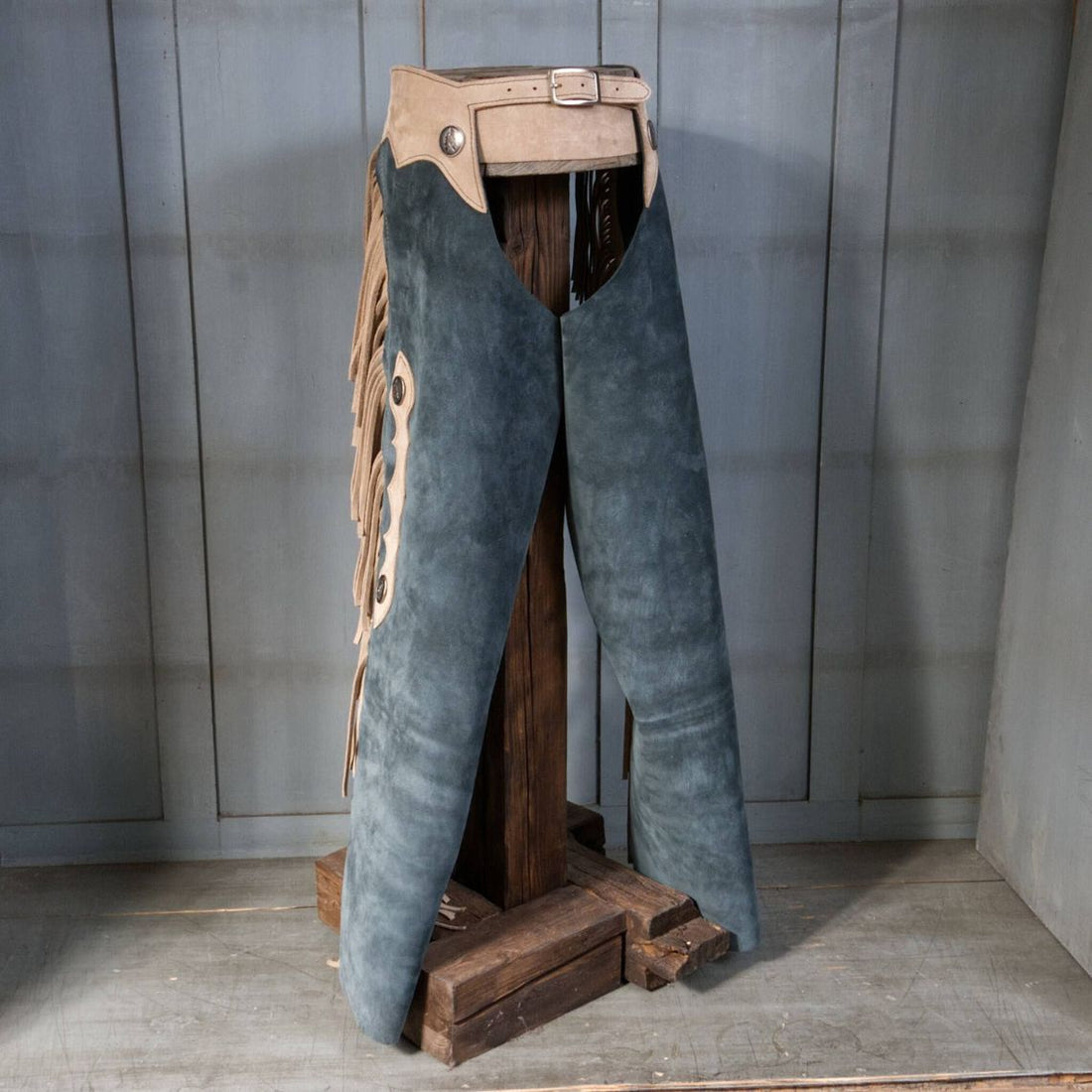 mens vintage western leather fringe chaps front view