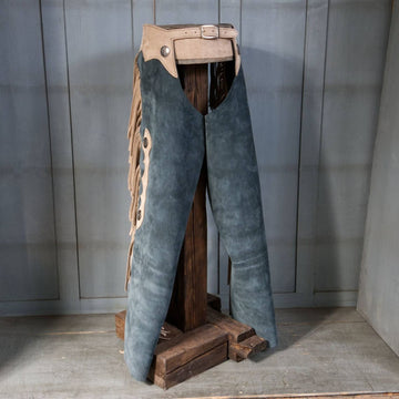 mens vintage western leather fringe chaps front view