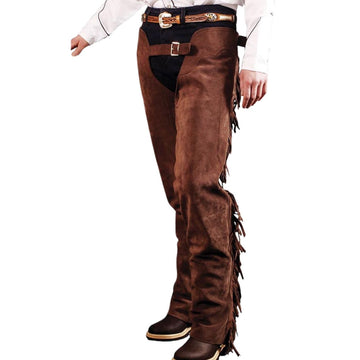 mens brown leather fringe chaps front riding view