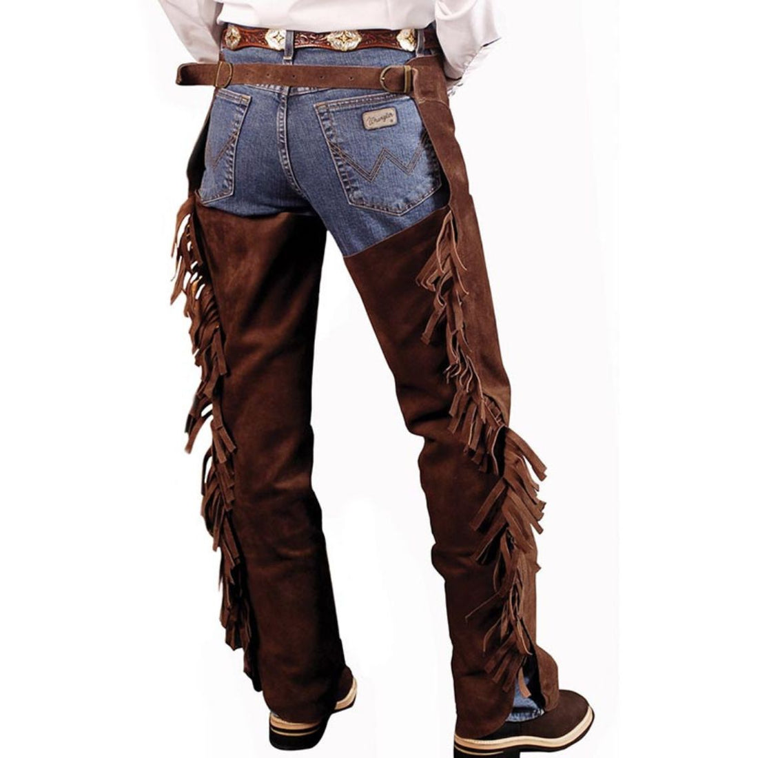 mens brown leather fringe chaps front riding view