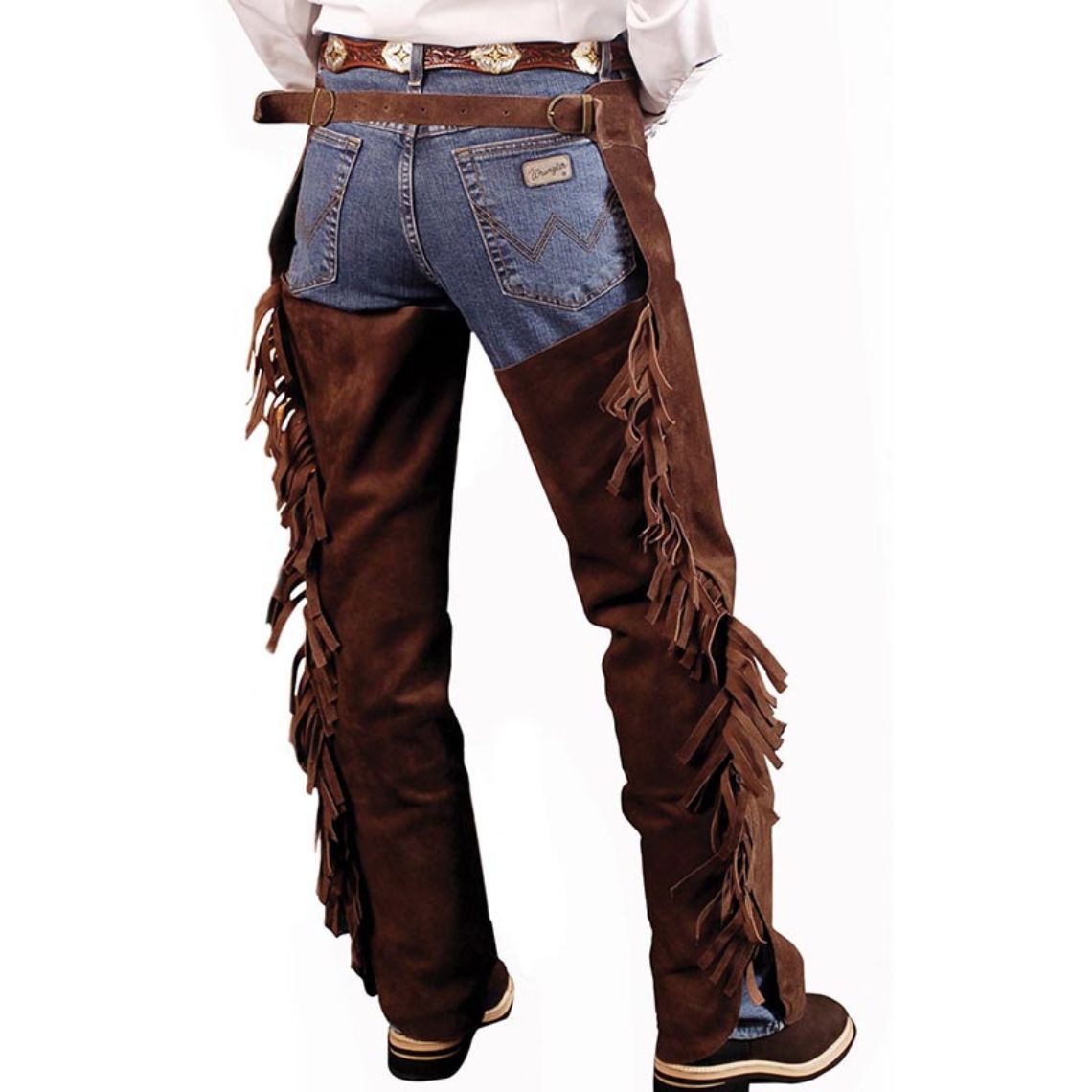 western leather chaps back view fringe detail