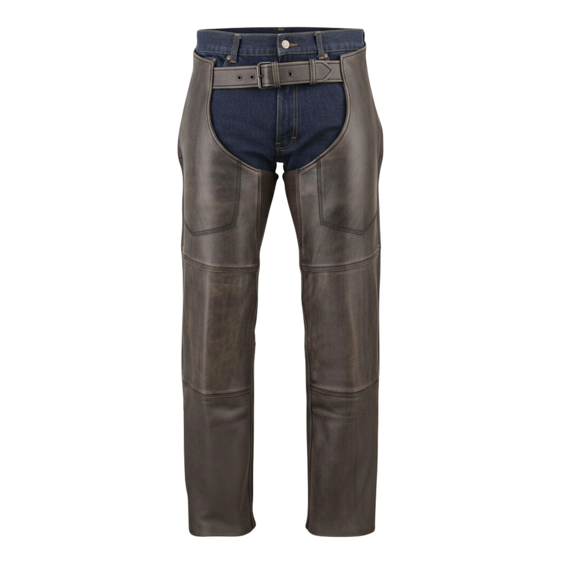 mens brown leather chaps front western style