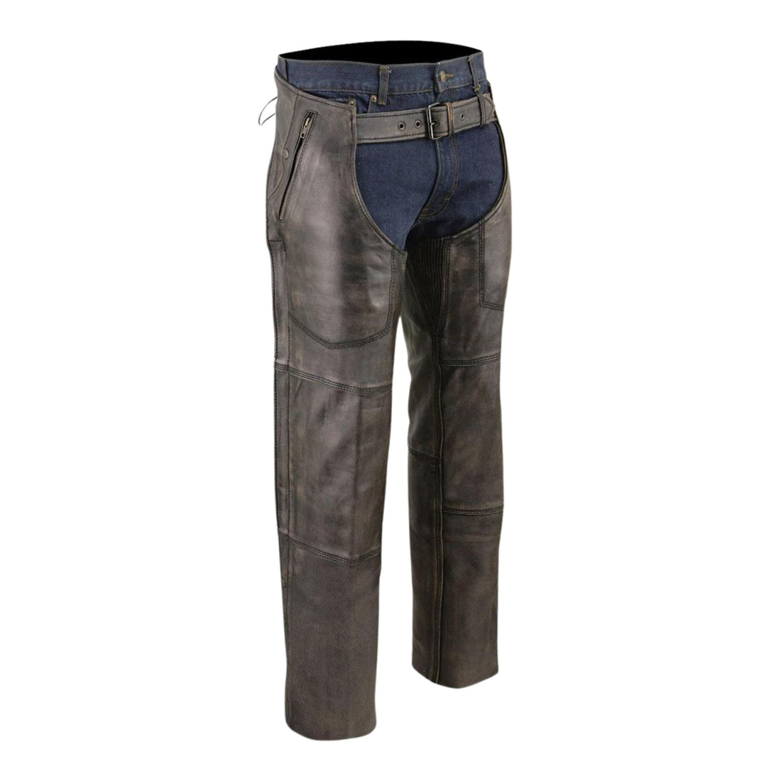 mens brown leather chaps front western style