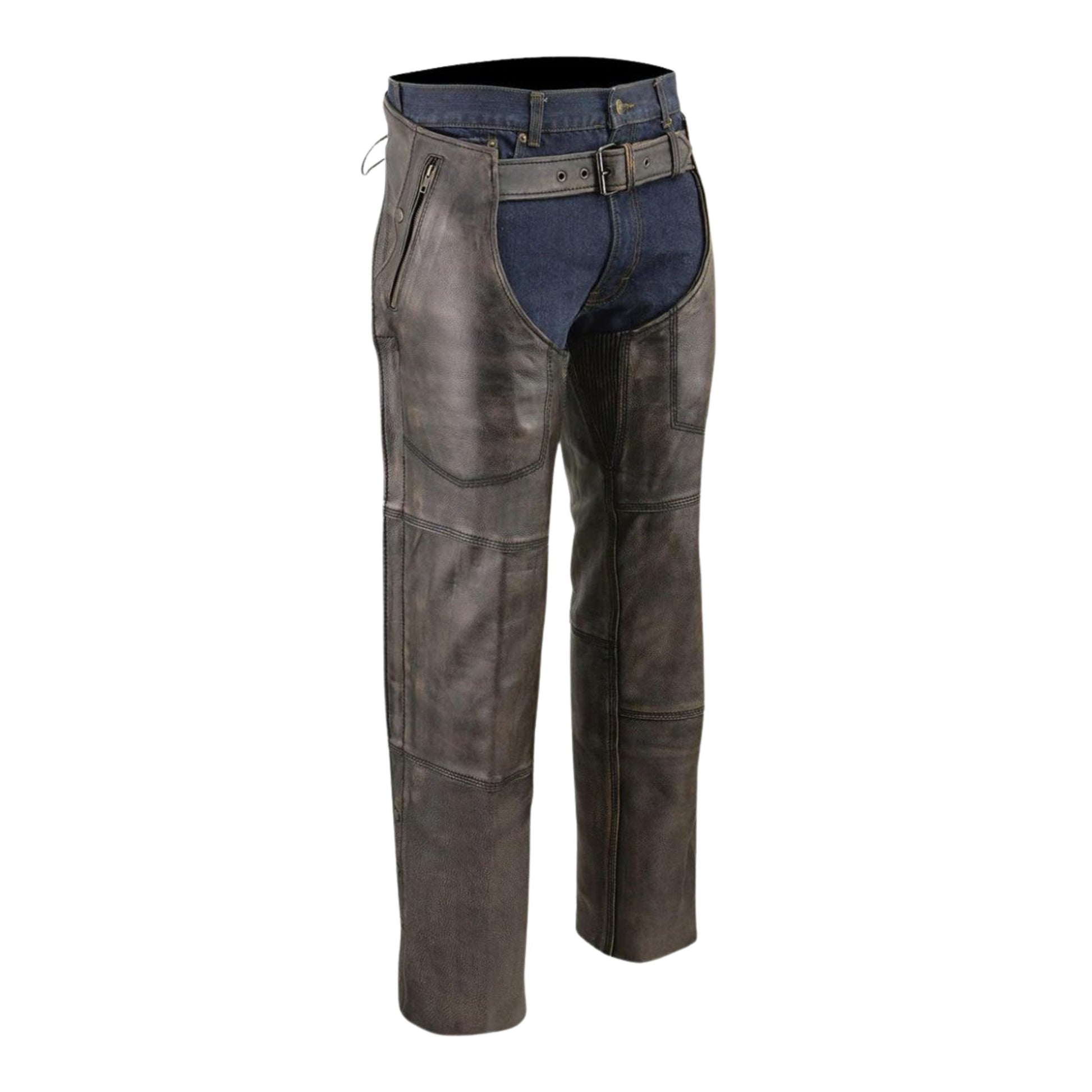 angled view durable leather chaps brown finish