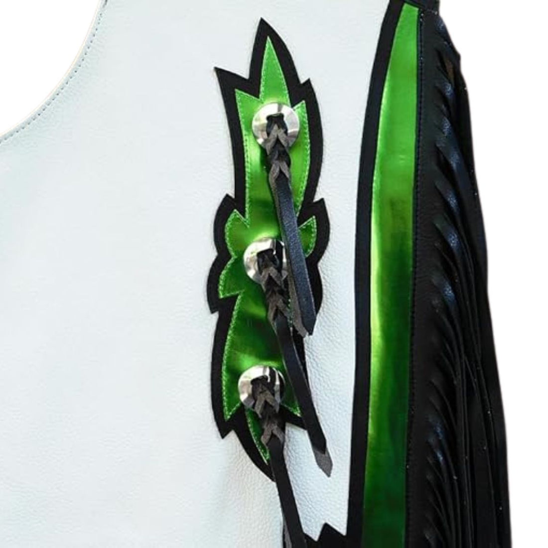 Mens white western bull riding chaps green and black fringe full view