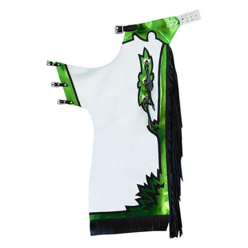 Mens white western bull riding chaps green and black fringe full view