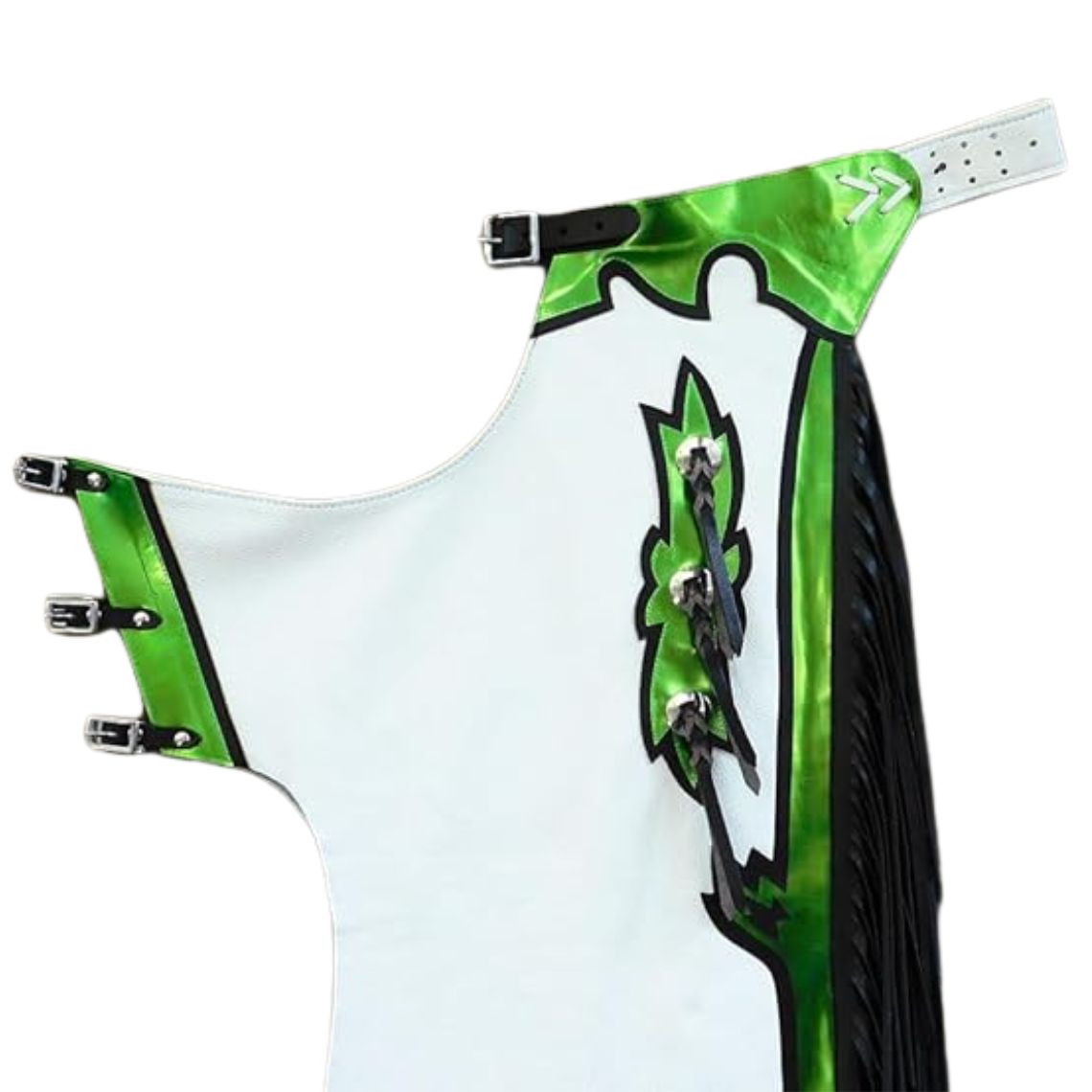 White leather rodeo chaps mens green design side angle view
